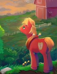 Size: 1700x2200 | Tagged: safe, artist:viwrastupr, big macintosh, pony, g4, barn, cloud, fence, freckles, grass, lidded eyes, looking at something, male, scenery, solo, stallion, sunset, sweet apple acres