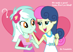 Size: 1024x739 | Tagged: safe, artist:iamsheila, bon bon, lyra heartstrings, sweetie drops, equestria girls, g4, confused, female, heart, lesbian, lidded eyes, looking at each other, open mouth, question mark, ship:lyrabon, shipping, smiling