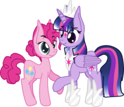 Size: 1449x1249 | Tagged: safe, artist:casanova-mew, pinkie pie, twilight sparkle, alicorn, pony, g4, crown, jewelry, older, regalia, simple background, transparent background, twilight sparkle (alicorn)