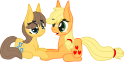 Size: 1709x853 | Tagged: safe, artist:casanova-mew, applejack, toffee, earth pony, pony, g4, chatting, female, lesbian, mare, open mouth, prone, shipping, simple background, talking, toffeejack, transparent background