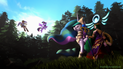 Size: 3795x2135 | Tagged: safe, artist:tbosiris, princess celestia, twilight sparkle, alicorn, angel, human, pony, g4, 3d, crossover, forest, goddess, goddess of light, high res, humanized, kid icarus, kid icarus: uprising, palutena, pit (kid icarus), source filmmaker, twilight sparkle (alicorn), winged humanization, wings