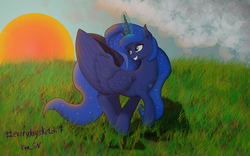 Size: 1680x1050 | Tagged: safe, artist:kirasunnight, princess luna, pony, g4, female, glowing horn, grass, horn, solo, sunset