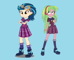 Size: 2533x2045 | Tagged: safe, artist:angrygermankid, indigo zap, lemon zest, equestria girls, g4, my little pony equestria girls: friendship games, clothes, crystal prep academy uniform, don't let your kids watch it!, goggles, headphones, high res, parody, school uniform, ship:lemonzap, shipping, shoes, skirt, socks