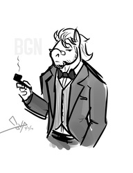 Size: 788x1024 | Tagged: safe, artist:bgn, braeburn, earth pony, anthro, g4, bowtie, clothes, dapper, explicit source, glasses, male, older, pipe, smoking, solo, suit