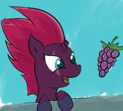 Size: 1211x1085 | Tagged: source needed, safe, artist:rusticanon, fizzlepop berrytwist, tempest shadow, pony, unicorn, g4, my little pony: the movie, broken horn, colored pupils, cute, eye scar, eyes on the prize, female, food, grapes, happy, horn, leaning, looking at something, mare, open mouth, scar, smiling, solo, tempestbetes, that pony sure does love grapes, that was fast, when she smiles