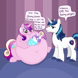 Size: 768x768 | Tagged: dead source, safe, artist:bigbeautifulfluffy, princess cadance, princess flurry heart, shining armor, alicorn, pony, unicorn, g4, baby, baby pony, belly, belly button, big belly, fat, female, male, mare, obese, princess decadence, stallion, weight gain