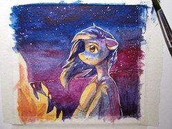 Size: 1280x960 | Tagged: safe, artist:aphphphphp, oc, oc only, earth pony, pony, blanket, campfire, color porn, hoof on chest, night, profile, smiling, solo, stars, traditional art, watercolor painting