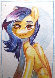 Size: 762x1080 | Tagged: safe, artist:aphphphphp, oc, oc only, pegasus, pony, looking at you, sitting, solo, traditional art, watercolor painting