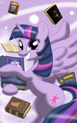 Size: 1200x1920 | Tagged: safe, artist:theroyalprincesses, twilight sparkle, alicorn, pony, g4, book, bookhorse, female, grin, looking at you, smiling, solo, that pony sure does love books, twilight sparkle (alicorn)