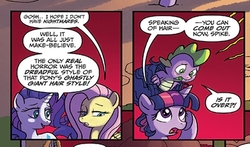 Size: 451x266 | Tagged: safe, artist:tony fleecs, idw, official comic, applejack, fluttershy, pinkie pie, rainbow dash, rarity, spike, twilight sparkle, alicorn, dragon, pony, friendship is magic #51, from the shadows, g4, spoiler:comic, bride of frankenstein, comic, cropped, female, male, mane six, mare, out of context, preview, red background, simple background, speech bubble, twilight sparkle (alicorn)