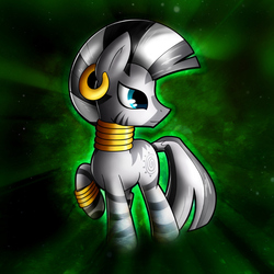 Size: 894x894 | Tagged: safe, artist:conniethecasanova, artist:flamevulture17, color edit, edit, zecora, pony, zebra, g4, colored, female, raised hoof, solo