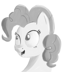 Size: 635x732 | Tagged: safe, alternate version, artist:itsthinking, pinkie pie, earth pony, pony, g4, bust, female, grayscale, monochrome, open mouth, portrait, simple background, smiling, solo, white background