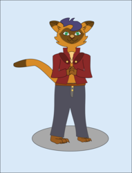 Size: 1251x1640 | Tagged: safe, artist:planetkiller, derpibooru exclusive, capper dapperpaws, abyssinian, cat, anthro, plantigrade anthro, g4, my little pony: the movie, blue background, chest fluff, male, simple background, solo, that was fast, you know i had to do it to em