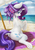 Size: 2480x3508 | Tagged: safe, artist:alcor, rarity, pony, unicorn, g4, anatomically incorrect, backbend, beach, beach towel, beach umbrella, bedroom eyes, butt, cloud, female, hair accessory, high res, human shoulders, incorrect leg anatomy, looking at you, looking back, open mouth, plot, raised hoof, rearity, sitting, smiling, solo, sunscreen, underhoof