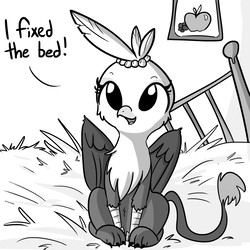 Size: 1280x1280 | Tagged: safe, artist:tjpones, oc, oc only, oc:gerdie, griffon, horse wife, apple, bed, behaving like a bird, birds doing bird things, cute, dialogue, female, food, grapes, grayscale, griffon oc, griffons doing bird things, looking at you, monochrome, nest, nesting instinct, open mouth, picture, property damage, sitting, smiling, solo