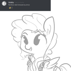 Size: 1280x1280 | Tagged: safe, artist:tjpones, rainbow dash, pegasus, pony, g4, clothes, cosplay, costume, discord (program), ear fluff, female, grayscale, monochrome, prince (musician), simple background, solo, white background