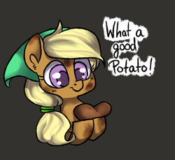 Size: 1599x1466 | Tagged: safe, artist:whale, oc, oc only, oc:tater trot, earth pony, pony, bust, cute, dialogue, digital art, female, food, gray background, hoof hold, looking at something, portrait, potato, simple background, solo