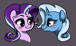 Size: 1791x1095 | Tagged: safe, artist:whale, starlight glimmer, trixie, pony, unicorn, g4, blushing, bust, digital art, ear fluff, female, gray background, lesbian, looking at each other, portrait, raised eyebrow, ship:startrix, shipping, simple background, smiling