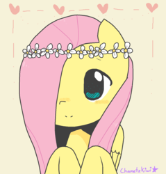 Size: 1064x1114 | Tagged: safe, artist:chametzkiwi, fluttershy, pony, g4, cute, female, floral head wreath, flower, hair over one eye, hooves to the chest, shyabetes, solo