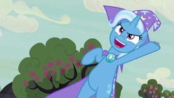 Size: 1280x720 | Tagged: safe, screencap, trixie, pony, unicorn, g4, to where and back again, brooch, cape, clothes, cute, diatrixes, female, flower, hat, jewelry, mare, open mouth, rearing, solo, tree, trixie's brooch, trixie's cape, trixie's hat, wizard hat