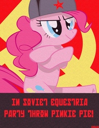 Size: 784x1018 | Tagged: safe, pinkie pie, earth pony, pony, g4, crossed hooves, female, hat, in soviet russia, solo, soviet, ushanka