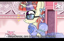 Size: 3500x2262 | Tagged: safe, artist:avchonline, lyra heartstrings, moondancer, g4, black bars, blushing, bow, canterlot royal ballet academy, caption, clothes, comic, cookie, dress, evening gloves, food, glasses, gloves, hair bow, high res, jewelry, letterboxing, long gloves, puffy sleeves, stars, tiara