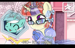 Size: 3500x2262 | Tagged: safe, artist:avchonline, lyra heartstrings, moondancer, g4, :3, black bars, blushing, bow, canterlot royal ballet academy, caption, clothes, comic, cookie, dress, evening gloves, food, glasses, gloves, hair bow, high res, jewelry, letterboxing, long gloves, puffy sleeves, stars, tiara