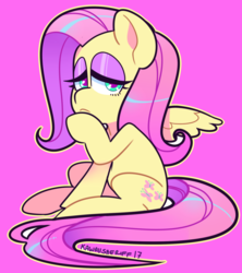 Size: 1024x1153 | Tagged: safe, artist:telltale-sheriff, fluttershy, pony, g4, female, hoof on chin, lidded eyes, looking at you, pink background, simple background, sitting, solo, spread wings