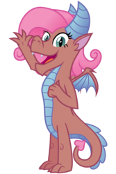 Size: 2000x3000 | Tagged: safe, artist:cheezedoodle96, idw, mina, dragon, g4, spoiler:comic, spoiler:comicff14, .svg available, claws, dragon wings, dragoness, fangs, female, hair over one eye, high res, horns, idw showified, looking at you, open mouth, simple background, smiling, solo, spread wings, svg, transparent background, vector, waving, wings