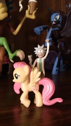Size: 1440x2560 | Tagged: safe, artist:depressedcomedian, discord, fluttershy, nightmare moon, g4, crossover, figure, irl, photo, rick and morty, rick sanchez