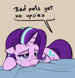 Size: 1096x1129 | Tagged: safe, artist:duop-qoub, starlight glimmer, pony, unicorn, g4, :<, bad pony, crying, cute, dialogue, female, floppy ears, frown, glimmerbetes, heartbreak, leaning, lidded eyes, mare, moral event horizon, offscreen character, pet glimmer, pony pet, pure unfiltered evil, sad, sadlight glimmer, solo, upsies