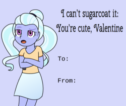 Size: 2395x2028 | Tagged: safe, artist:berrypunchrules, sugarcoat, equestria girls, g4, card, female, high res, purple background, simple background, solo, valentine's day