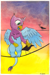 Size: 2216x3308 | Tagged: safe, artist:flowbish, oc, oc only, oc:gyro feather, oc:gyro tech, bird, crow, griffon, griffonized, high res, power line, solo, species swap, sunset, traditional art, watercolor painting
