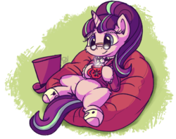 Size: 2732x2160 | Tagged: safe, artist:pirill, snowfall frost, starlight glimmer, pony, unicorn, a hearth's warming tail, g4, 30 minute art challenge, beanbag chair, belly, chocolate, clothes, cute, female, food, glimmerbetes, high res, hot chocolate, mare, mug, on back, signature, smiling, solo, spectacles