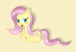 Size: 2498x1706 | Tagged: safe, artist:brok-enwings, fluttershy, pony, g4, blushing, female, folded wings, looking at you, open mouth, prone, simple background, smiling, solo, yellow background