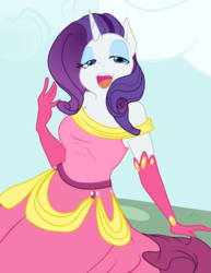 Size: 1645x2133 | Tagged: safe, artist:glacierclear edits, color edit, edit, editor:mennydrives, rarity, anthro, g4, clothes, colored, dress, female, gala dress, gloves, looking at you, solo