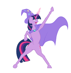 Size: 2010x2042 | Tagged: safe, artist:baron engel, artist:n238900, edit, trixie, twilight sparkle, pony, unicorn, g4, animated, bipedal, both cutie marks, cape, character to character, clothes, colored, cosplay, costume, cutie mark swap, disguise, female, gif, hat, high res, magic, palette swap, pony to pony, recolor, simple background, solo, standing, transformation, vector, white background