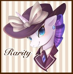 Size: 1351x1378 | Tagged: safe, artist:hosikawa, rarity, pony, unicorn, g4, ppov, alternate hairstyle, bow, bust, classy, clothes, ear piercing, earring, female, gem, hat, jewelry, looking at you, name, necktie, outfit, piercing, portrait, raristocrat, rose dewitt bukater, smiling, smiling at you, solo, striped background, suit, titanic