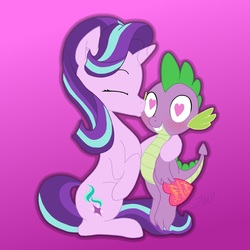 Size: 1280x1280 | Tagged: safe, artist:zoarvek, spike, starlight glimmer, dragon, pony, unicorn, g4, blushing, cheek kiss, eyes closed, female, gradient background, heart eyes, hearts and hooves day, hearts and hooves day cards, holiday, kissing, lifting, love, lucky bastard, male, ship:sparlight, shipping, smiling, straight, tail, tailboner, valentine's day, wingding eyes