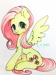 Size: 1536x2048 | Tagged: safe, artist:ayahana, fluttershy, pony, g4, female, looking at you, simple background, sitting, solo, spread wings, traditional art, white background