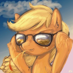 Size: 1800x1800 | Tagged: safe, artist:kovoranu, applejack, earth pony, pony, g4, cool, female, hoof hold, solo, straw, sunglasses, windswept mane