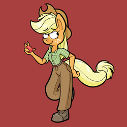 Size: 900x900 | Tagged: safe, artist:heir-of-rick, applejack, earth pony, anthro, plantigrade anthro, daily apple pony, g4, apple, clothes, female, food, red background, simple background, solo, style emulation