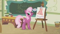 Size: 1280x720 | Tagged: safe, cheerilee, pony, g4, chalkboard, female, fetish, lesson, school, solo, todays lesson, trash, weird