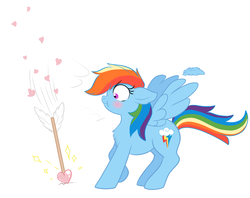 Size: 1280x1014 | Tagged: safe, artist:petea-copine, rainbow dash, pegasus, pony, g4, arrow, blushing, cupid, female, heart, heart arrow, scrunchy face, solo