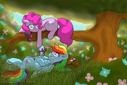 Size: 1024x683 | Tagged: safe, artist:cozmicpandawolf, pinkie pie, rainbow dash, earth pony, pegasus, pony, g4, female, lesbian, ship:pinkiedash, shipping, tree