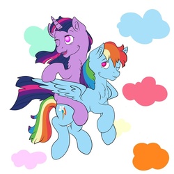 Size: 894x894 | Tagged: safe, artist:bewarethemusicman, rainbow dash, twilight sparkle, pegasus, pony, unicorn, g4, cloud, female, flying, lesbian, request, ship:twidash, shipping, simple background, white background