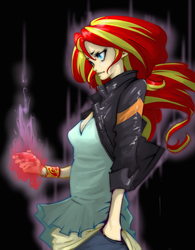 Size: 1000x1280 | Tagged: safe, artist:ddd1983, sunset shimmer, equestria girls, g4, clothes, dark magic, female, magic, pants, solo