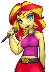 Size: 1100x1600 | Tagged: safe, artist:gabbslines, sunset shimmer, equestria girls, g4, belt, belt buckle, breasts, busty sunset shimmer, clothes, female, looking at you, microphone, midriff, simple background, singing, smiling, solo, tight clothing, transparent background