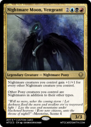 Size: 375x523 | Tagged: safe, artist:cosmicunicorn, edit, editor:mordekaiserhuehuehue, nightmare moon, pony, g4, awesome, card, female, glowing eyes, magic the gathering, painting, solo, speedpaint, trading card, trading card edit