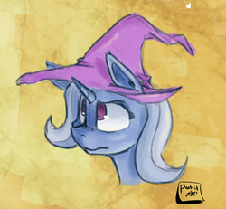Size: 874x807 | Tagged: safe, artist:post-it, trixie, pony, unicorn, g4, bust, clothes, colored sketch, female, hat, mare, sketch, solo, trixie's hat